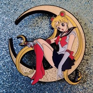 3/$20 Large Sailor Moon Sitting In Crescent Moon Glitter Hard Enamel Pin